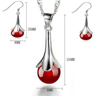 THAI SILVER Natural Garnet /Obsidian Necklace + Earrings Set